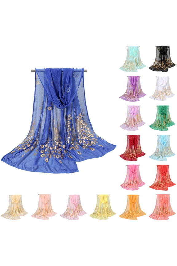 Women's Elegant Peacock Print Shawl with Gold Stamping, Lightweight Sheer Wrap for Evening Dresses, Sparkling Foil Peacock Feather Scarf, Versatile Soft Tulle Cape for Weddings and Parties