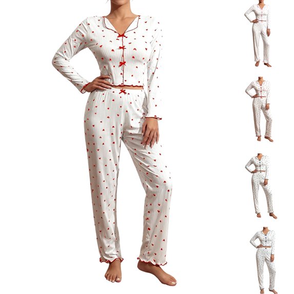 Youpwaven Women's Heart Print Valentines Pajama Set – Long Sleeve Cute Cropped Loungewear with Bowknot Decor - 2-Piece Ribbed Pjs with Ruffled Trim Sleep Sets for Women, Black, Size L