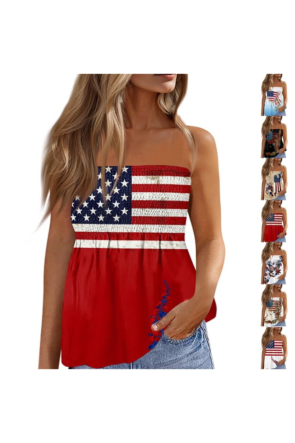 Women's Independence Day Tube Top, Sexy Strapless Off Shoulder American Flag Print Shirt, Summer Sleeveless Patriotic 4th of July Peplum Top