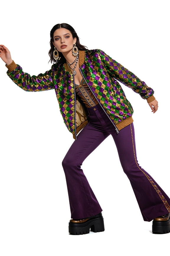 Women's Mardi Gras Sequin Bomber Jacket, Purple Gold & Green Diamond Pattern Sequin Coat, Sparkly Disco Jazz Dance Wear for Halloween & Festivals, Size S-2XL