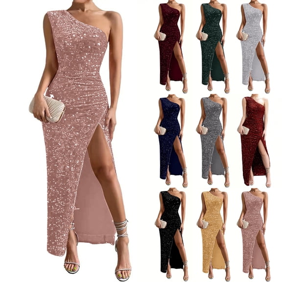 Youpwaven Women's One Shoulder Sequin Maxi Dress, Sexy Sleeveless High Split Bodycon Gown, Shimmering Ruched Party Outfit for Cocktail Wedding Guest