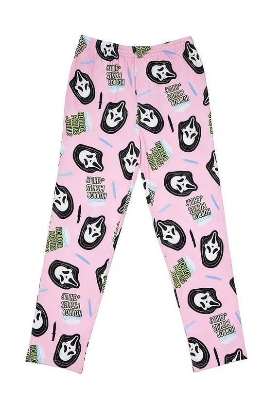 Women's Pink Ghost Face Sleep Pants, Horror Movies & Chill Lounge Trousers, Casual Film Themed Pajamas Pants, Soft Movie Night Sleepwear