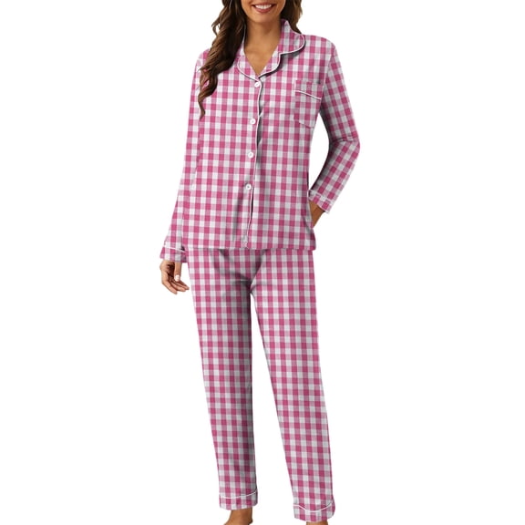 Youpwaven Women's Plaid Long Sleeve Button Down Lapel Top and Pants Pajama Set with Pocket, 2-Piece, Hot Pink, Size M