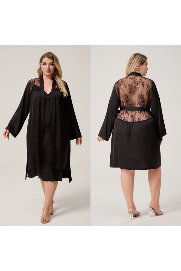 Women's Plus Sexy Back Perspective Hollow Out Robe Temptation Lace Kimono Intimate Lingerie Fashion Bathrobe for Women Valentine's Day Sheer Sleepwear, Size XL-5XL