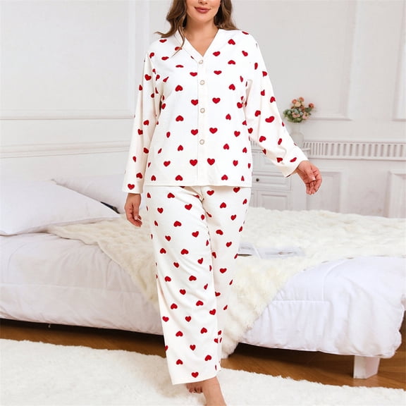Youpwaven Women's Plus Size Heart Print Pajama Set – Waffle Knit Button-Down Loungewear - V Neck Valentines Matching Pajamas for Women, Red, Size XXXL