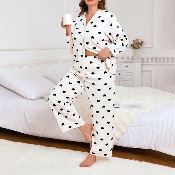 Youpwaven Women's Plus Size Heart Print Pajama Set – Waffle Knit Button-Down Loungewear - V Neck Valentines Matching Pajamas for Women, White & Black, Size XXXL