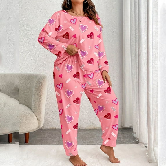 Youpwaven Women's Plus Size Valentine's Day Heart Print Pajamas Set Crew Neck Tops with Tapered Leg Loose Pants Long Sleeve Loungewear Cute Relaxed Fit for Valentine Nights, Light Pink, Size XXXL