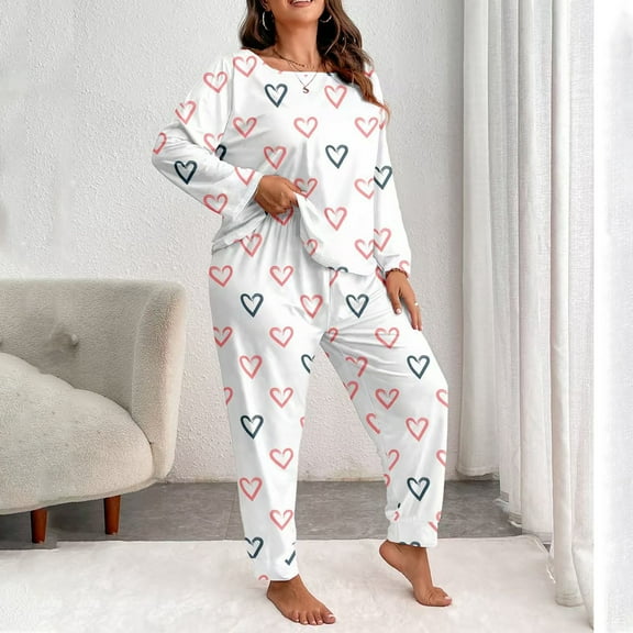 Youpwaven Women's Plus Size Valentine's Day Heart Print Pajamas Set Crew Neck Tops with Tapered Leg Loose Pants Long Sleeve Loungewear Cute Relaxed Fit for Valentine Nights, White, Size XXL