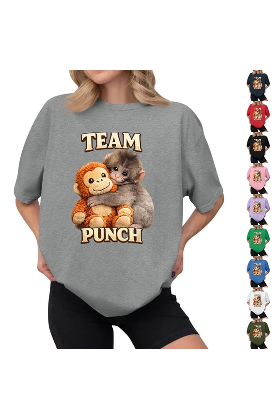 Women's Punch the Monkey Graphic T-Shirt, Cute Monkey and Plush Toy Hugging Illustration Top, Casual Oversized Short Sleeve Crew Neck Tee Shirt