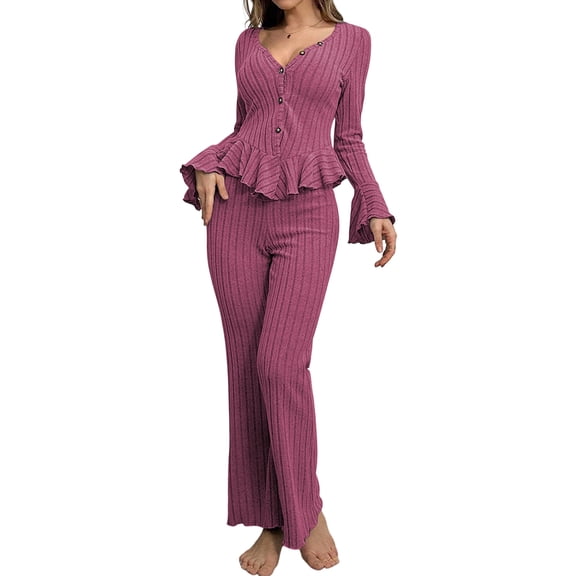 Youpwaven Women's Ribbed Striped Pajama Set – Long Sleeve Ruffled Peplum V Neck Top & Flared Pants Loungewear - 2-Piece Sleepwear with Bell Sleeves, Purple, Size M