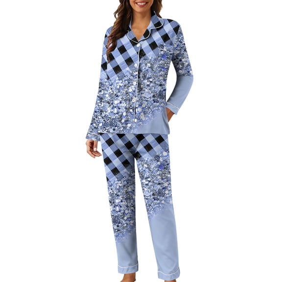 Youpwaven Women's Sequin & Plaid Print Button Down Matching Pajamas Sets, Comfy Sleepwear Long Sleeve Lapel Shirts Lounge Sets for Party, Blue, Size L