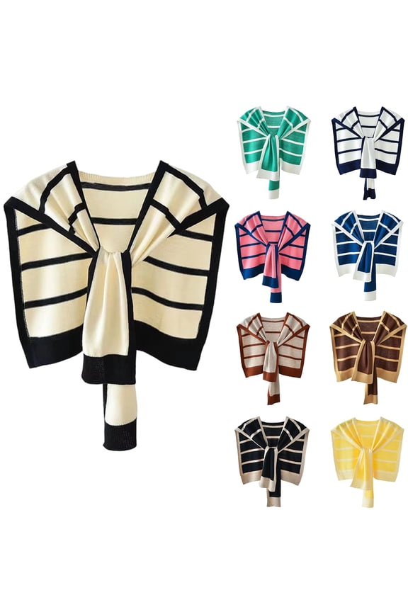 Women's Striped Knitted Shoulder Wrap with Contrast Binding, French Style Tie-Front Fake Collar Shrug, Elegant Sailor Stripe Cape Scarf, Versatile Layering Accessory for Shirts & Dresses