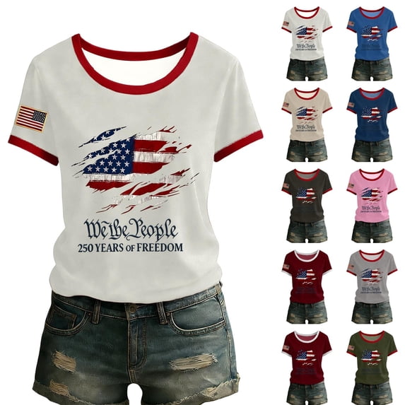 Youpwaven Women's USA 250th Anniversary T-Shirt, We The People American Flag Graphic Ringer Tee, Independence Day 1776-2026 Casual Short Sleeve Top S-2XL
