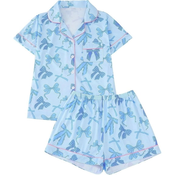 Youpwaven Women's Valentine's Cute Bow Heart Print Pajama Set – 2 Piece Short Sleeve Lapel Button-Down Top & Shorts Loungewear, Size S-3XL