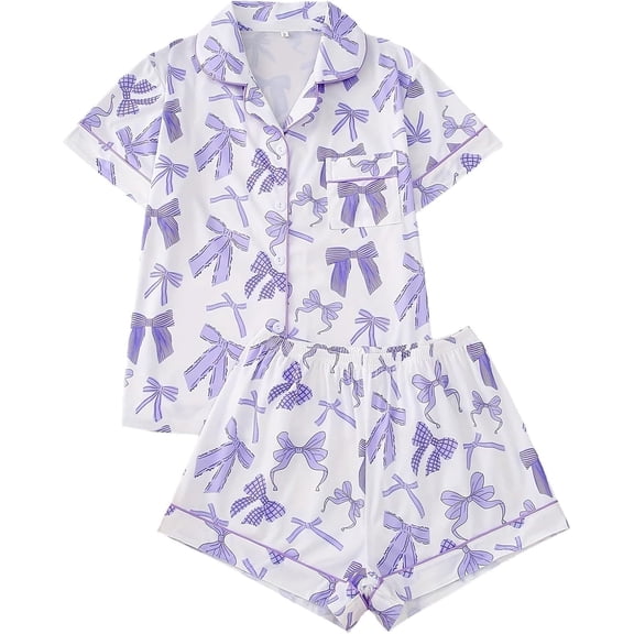 Youpwaven Women's Valentine's Cute Bow Heart Print Pajama Set – 2 Piece Short Sleeve Lapel Button-Down Top & Shorts Loungewear, Size S-3XL