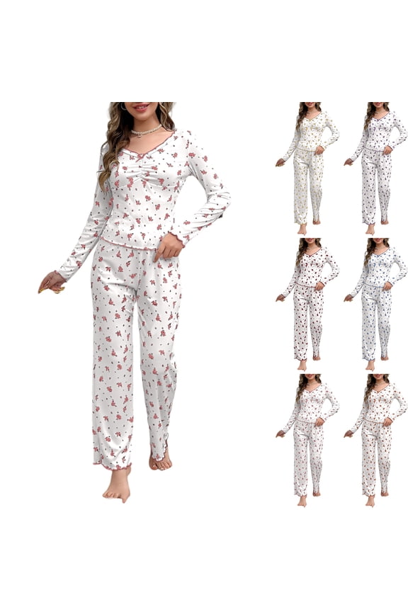 Women's Valentines Pajamas Set for Women Floral Print 2 Piece Pjs Long Sleeve V Neck Slim Fit Top Elastic Waisted Pants Loungewear Set for Home Wear, Blue, Size L