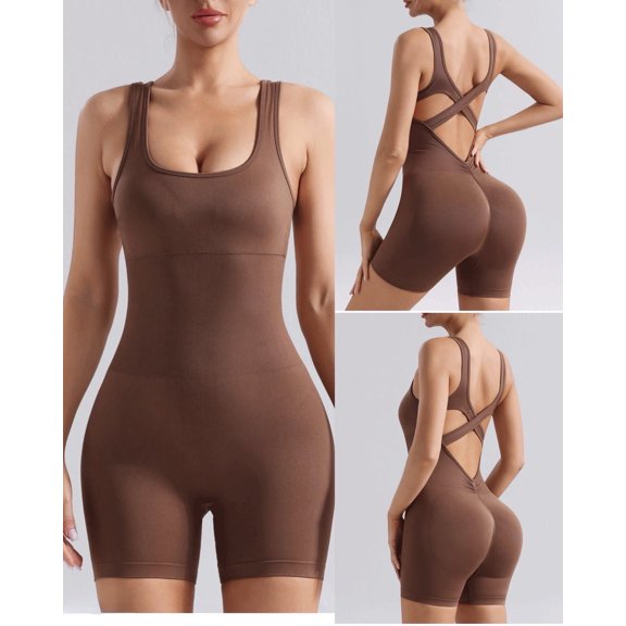 Youpwaven Women's Yoga Outfits Workout Rompers with Removable Padded Bras - Summer Casual Crossback Stretch Overalls One Piece Atheletic Running Jumpsuit, Size S-L