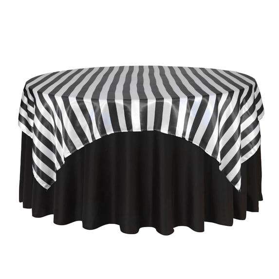 YCC Linens - 90 Inch Square Satin Table Overlay Black/White Striped