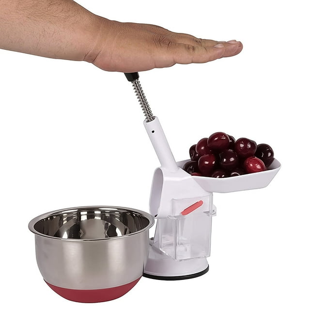 Your Choice Kitchen Cherry and Olive Pitter with Non-Slip Base, Spring loaded hole puncher, and transparent base.