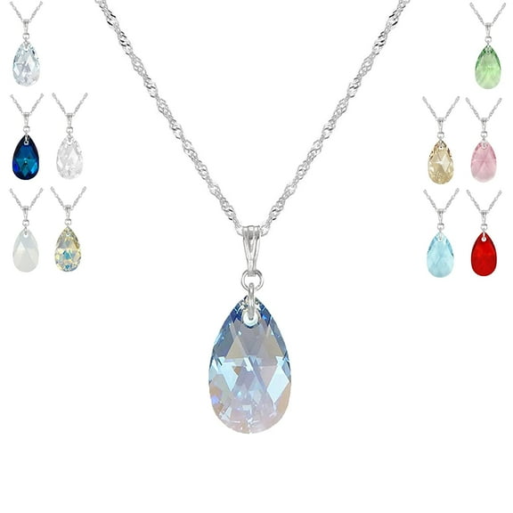 Your Choice of Color Small Austrian Crystal Teardrop Sterling Silver Rope Chain Necklace - Sapphire Blue AB