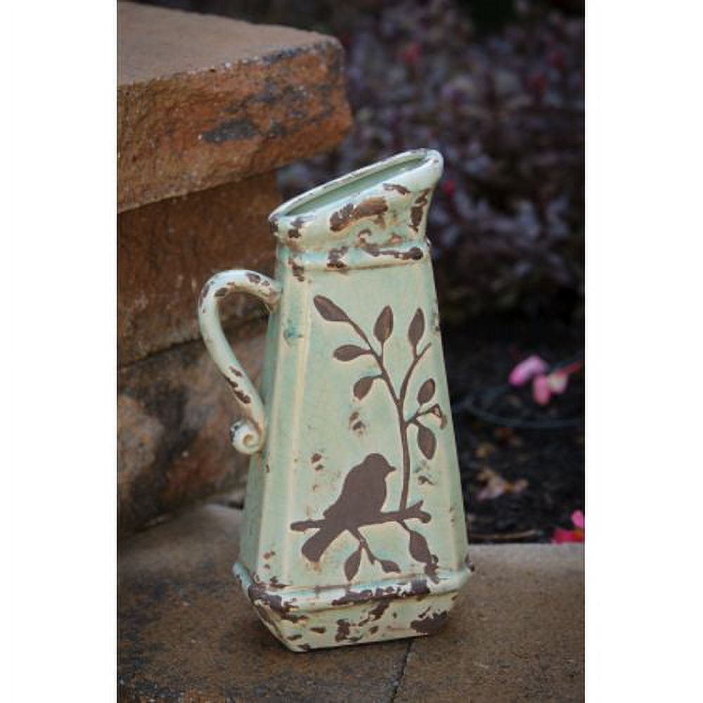 Pottery Pitcher with Blue House & Hearts on front. Cute pitcher for any  room.