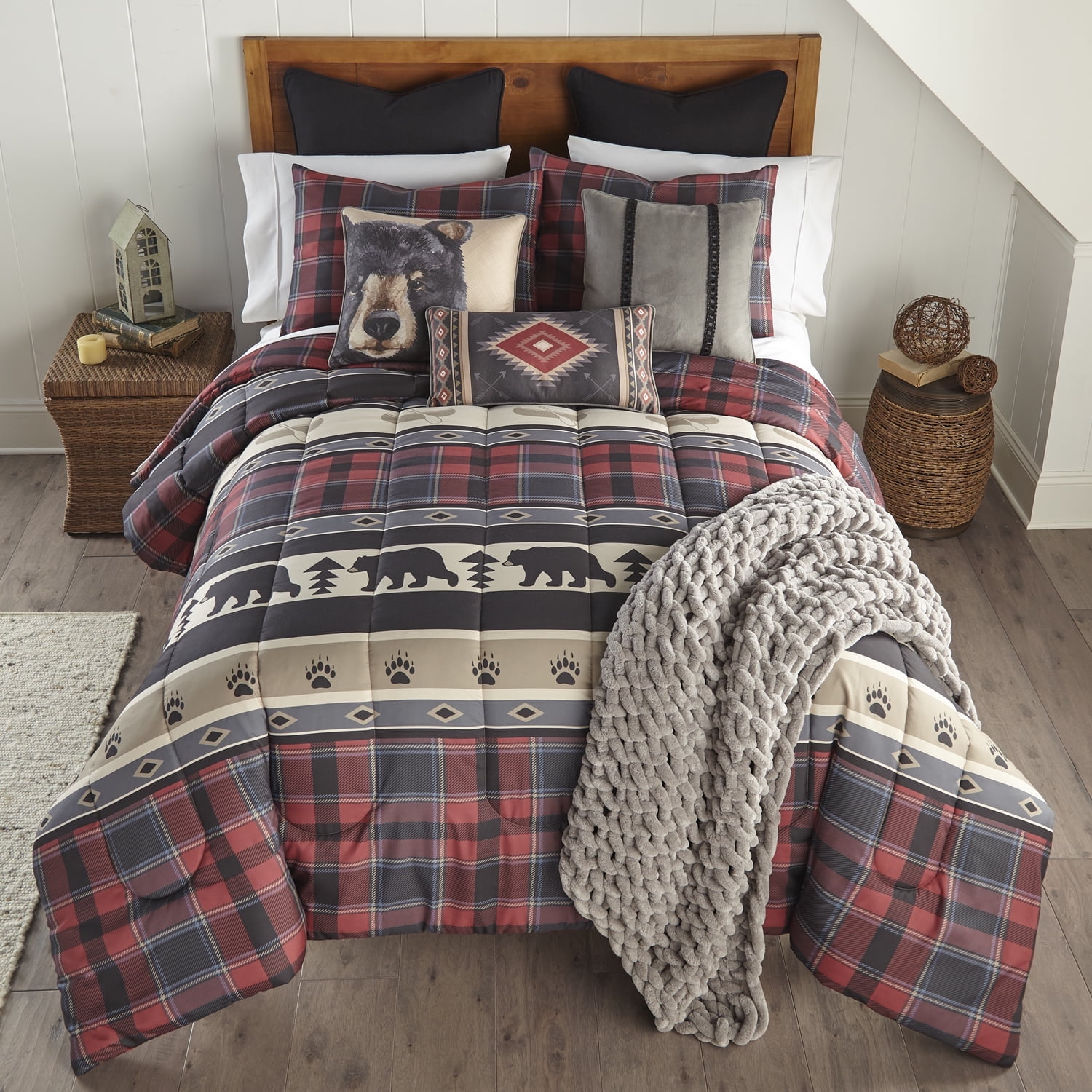 King Red and Gray Microfiber Reversible Plaid Comforter Set