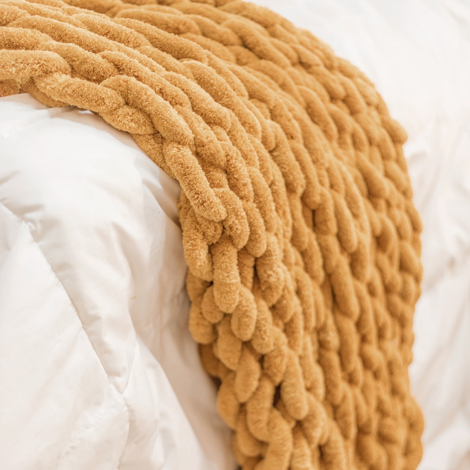 Chunky Gold Chenille Knitted Reversible Throw Blanket