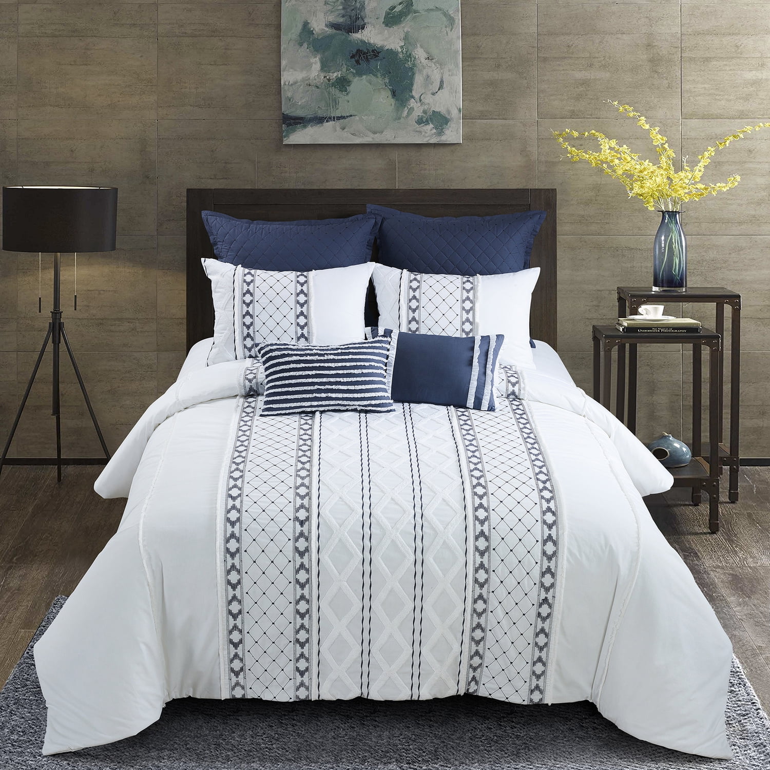 White and Indigo Cotton Full Comforter Set with Embroidery