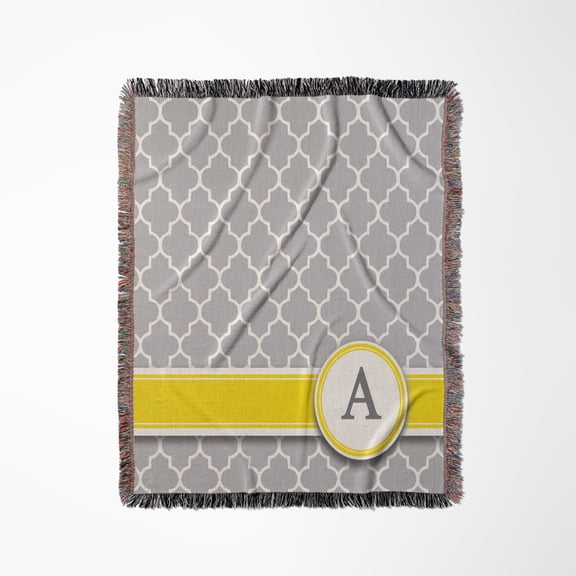 Your Personal Name Initial Letter A - Monogrammed Grey Quatrefoil Pattern - Personalized Yellow Gray, Woven Blanket