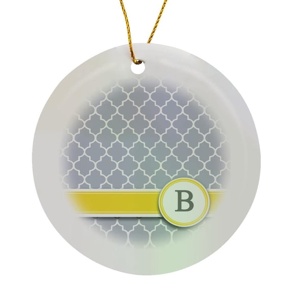 Your Personal Name Initial Letter B - Monogrammed Grey Quatrefoil Pattern - Personalized Yellow Gray, Circle Porcelain Ornament