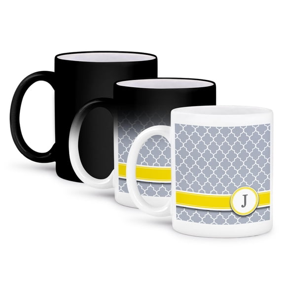 3dRose, Your personal name initial letter J - monogrammed grey quatrefoil pattern - personalized yellow gray, 11oz Magic Transforming Mug