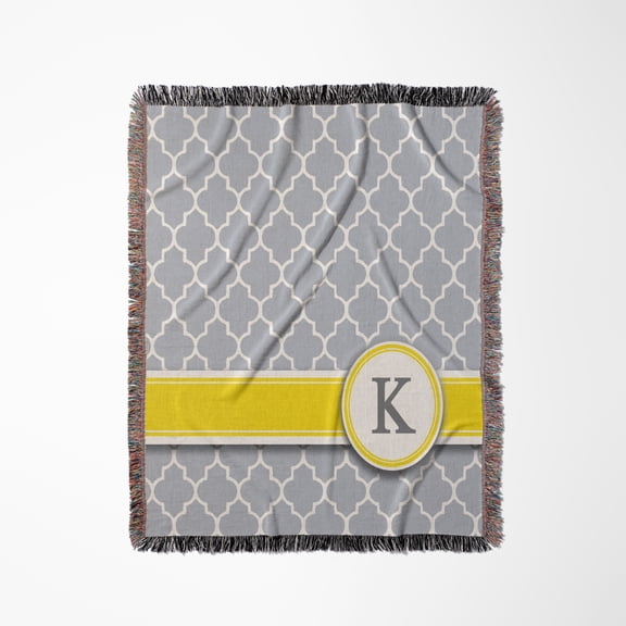 Your Personal Name Initial Letter K - Monogrammed Grey Quatrefoil Pattern - Personalized Yellow Gray, Woven Blanket