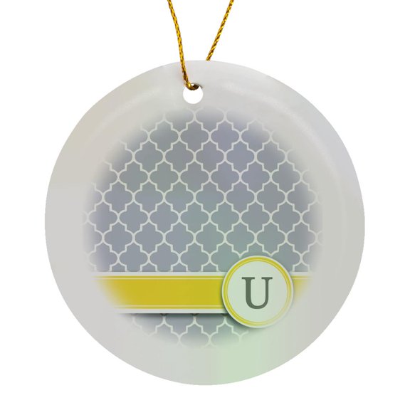 3drose, Your Personal Name Initial Letter U - Monogrammed Grey Quatrefoil Pattern - Personalized Yellow Gray, Circle Porcelain Ornament
