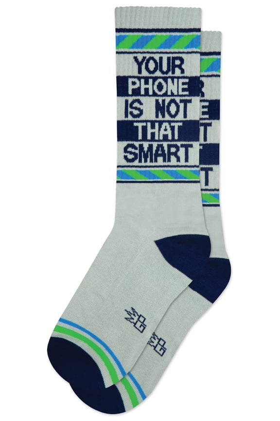 Your Phone is Not That Smart, Novelty Gift Socks for Men, Women and Teens, Cool Gym Crew Socks ( Made in the USA )