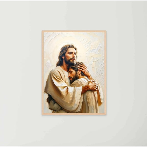 Your Savior Christian Art Jesus Hugging Man Bible Wall Print Decor, Stretched Canvas 8x10in