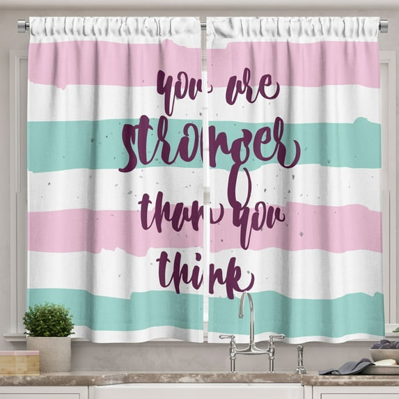 Your are Stronger than You Think Kitchen Curtains, Watercolor Striped Inspiration Typography Yoga, Two Panels Drapes with Rod Pocket Room Decor, 55" X 45", Pale Pink Seafoam Plum, by Ambesonne