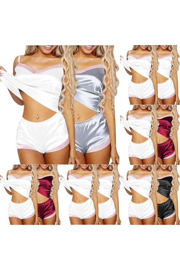 2 Pack Satin Pajama Sets for Women 2 Piece Silky Cami Pj Set Soft Nightwear Sleepwear Set S-XL