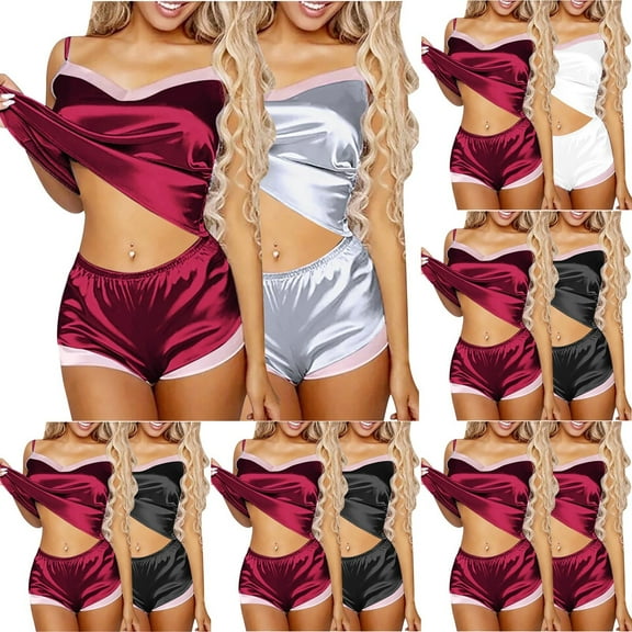 Your-Sty 2 Pack Satin Pajamas Set Women's Soft Sleepwear Silk Cami Shorts Set Nightwear S-XL