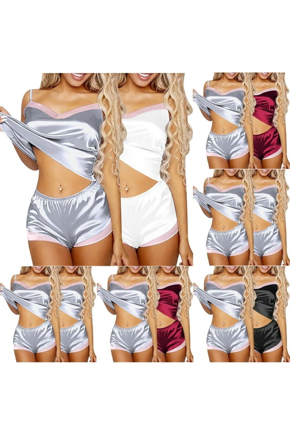 2 Pack Womens Cami Pajama Sets Soft Top with Shorts Set Camisole 2 Piece Cami Shorts Pj Nightwear