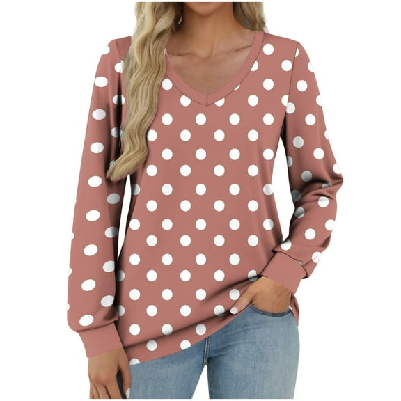 ModaVoyage Black & White Polka Dot Long Sleeve Blouse – V-Neck Feminine Top (Flowy Fit, Retro-Inspired Design)