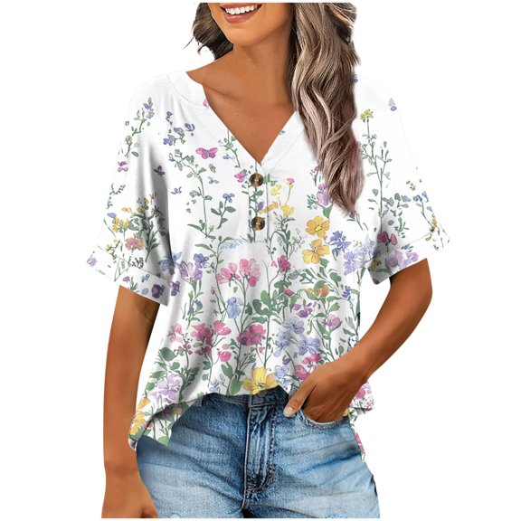Your-Sty Button V Neck T Shirts for Women Rolled Short Sleeve Loose Fit Casual Summer Tops Tee Shirts