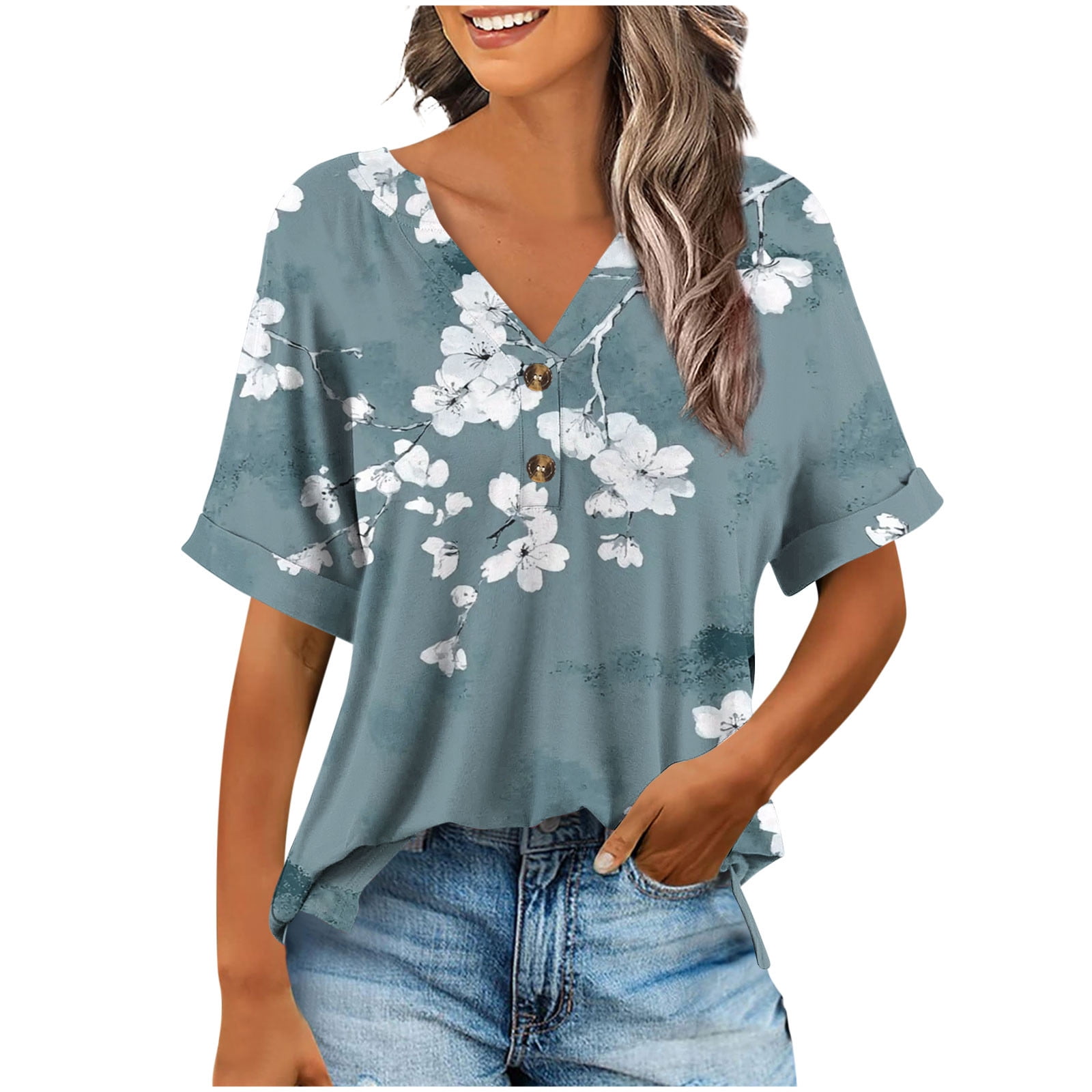 Your-Sty Button V Neck T Shirts for Women Rolled Short Sleeve Loose Fit ...