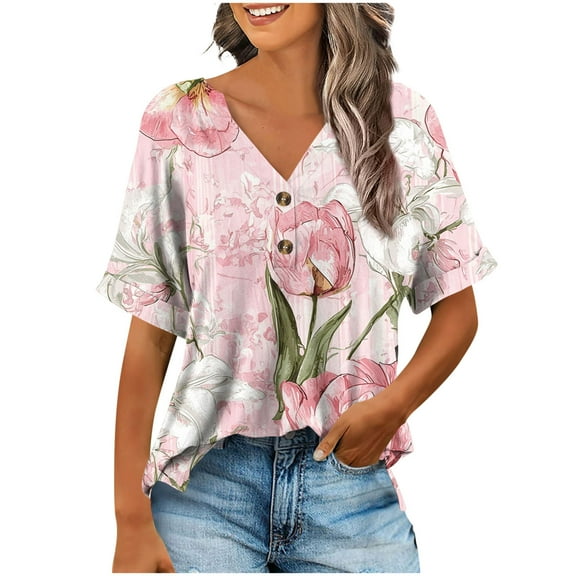 Your-Sty Button V Neck T Shirts for Women Rolled Short Sleeve Loose Fit Casual Summer Tops Tee Shirts