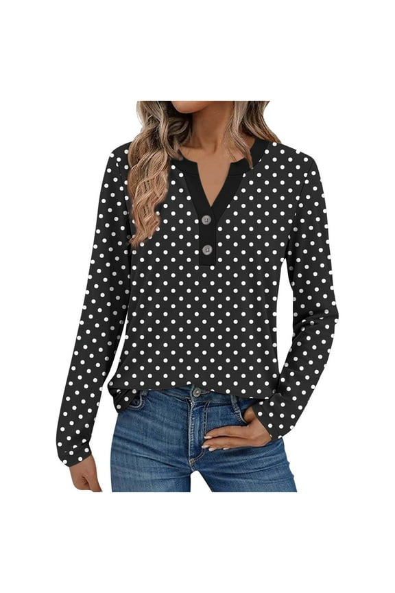 Classic Black & White Polka Dot Long Sleeve Blouse – V-Neck Button-Up Top for Women (Breathable, Stylish Everyday Wear)