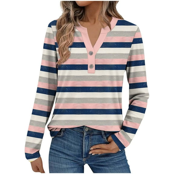 Your-Sty Colorful Striped Long Sleeve Shirt for Women – V-Neck Knit Top in Pink, Green & Brown (Soft, Casual Comfort)