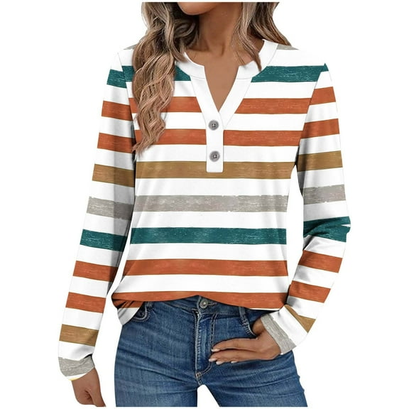 Your-Sty Colorful Striped Long Sleeve Shirt for Women – V-Neck Knit Top in Pink, Green & Brown (Soft, Casual Comfort)
