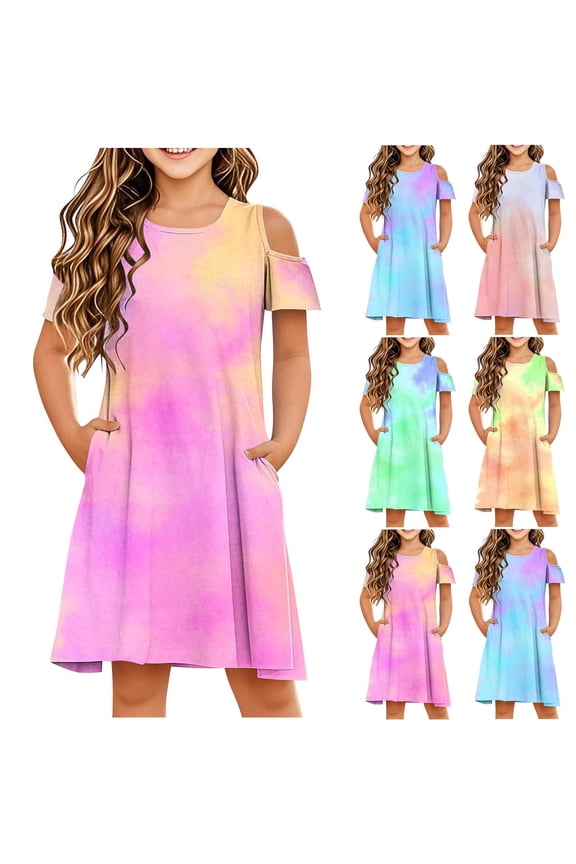 Your-Sty Girls Short Sleeve A-Line Stretchy Dress Twirly Skater School Recital Party Outfit