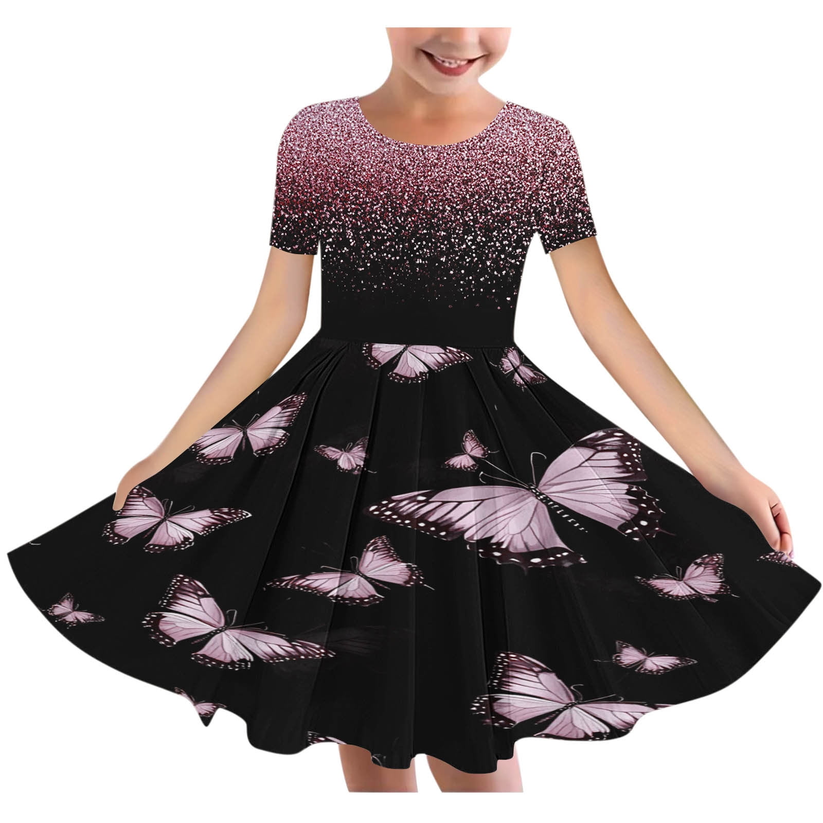 Your-Sty Girls Stretchy A-Line Skater Dress Short Sleeve Round Neck Twirly  School Recital Outfit - Walmart.com