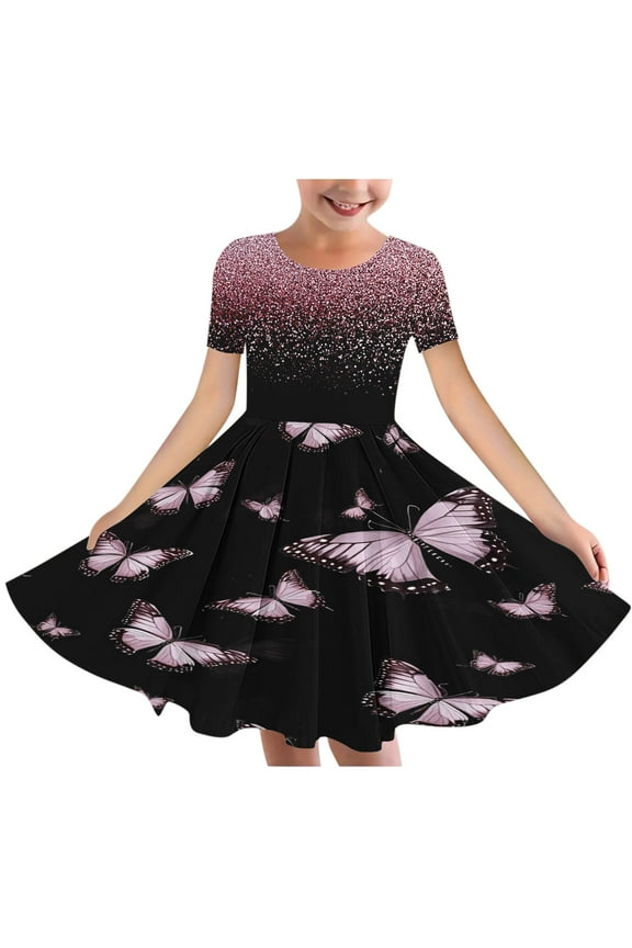 Your-Sty Girls Stretchy A-Line Skater Dress Short Sleeve Round Neck Twirly School Recital Outfit