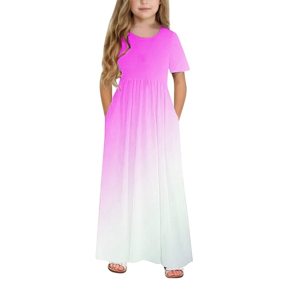 Your-Sty Kids Girls Summer Long Dress Gradient Crewneck Ruffle Short Sleeve Flowy Tiered Maxi Dress with Pockets Casual Loose Swing Dress